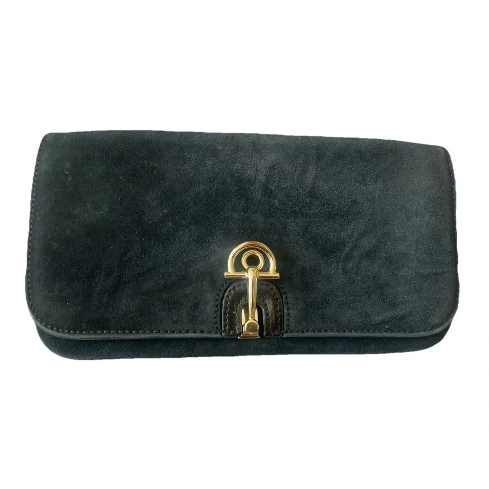 Talbots Black Genuine Suede Horsebit Clutch Handbag Purse Gold Clasp Classic Bag